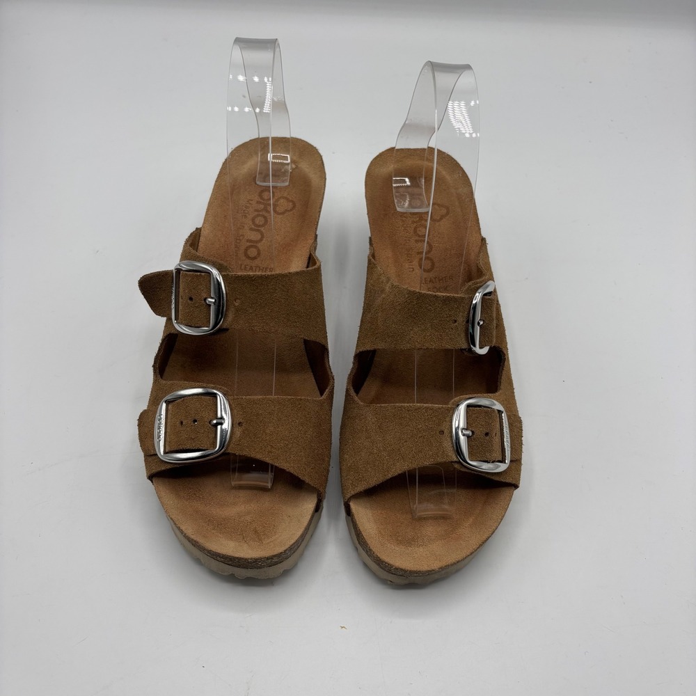 Yokono Spain Suede Leather Wedge Sandals Tan Brown Buckle Platform Slides Size 8